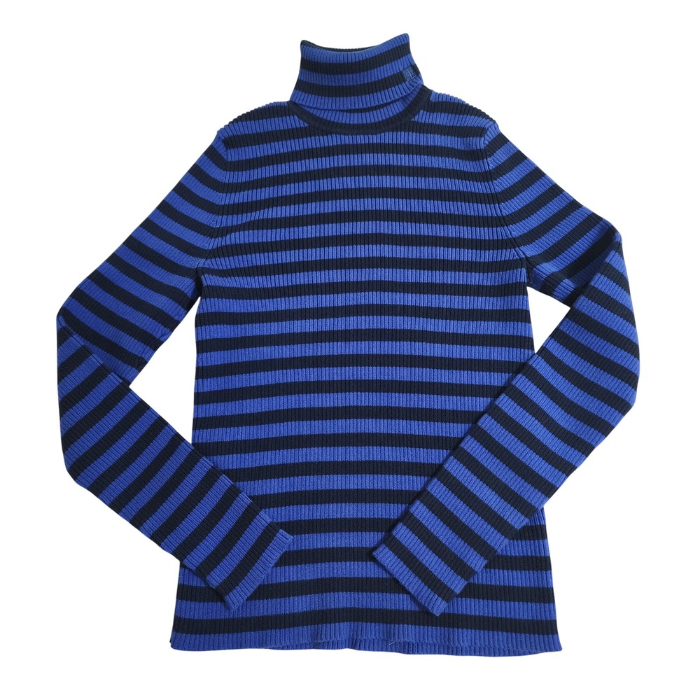Lauren Ralph Lauren Blue Striped Turtleneck Sweater Cotton Ribbed Knit Small